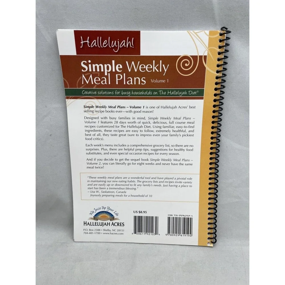 Hallelujah Simple Weekly Meal Plans Volume 1 Spiral Book Menus Recipes Cookbook